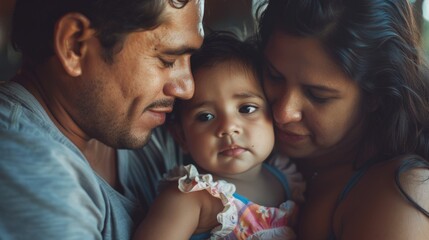 A loving couple holds their newborn baby, conveying happiness and joy