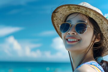 Happy Asian Woman on Sunny Beach Vacation