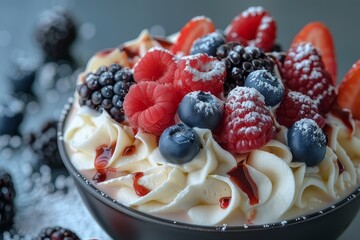 Wall Mural - Delicious Bingsu with whipped cream, caramel, and fresh raspberries
