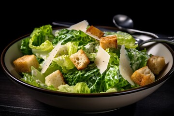 Traditional caesar salad consisting of parmesan cheese, croutons, and lettuce. salad with Caesar dressing. Delicious vegetarian recipe for a cookbook. menu for diet and fitness. top view.