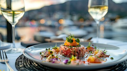 Wall Mural - A beautifully plated tuna tartare, enjoyed with a view of the scenic harbor