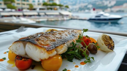 Wall Mural - A perfectly grilled fish fillet with a side of roasted vegetables, overlooking the harbor