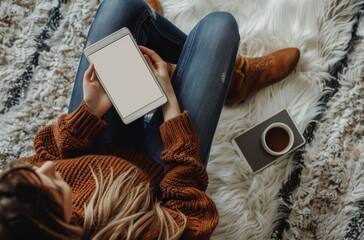 Woman Using Tablet on Fuzzy Rug While Sitting on Floor