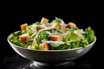 Traditional caesar salad consisting of parmesan cheese, croutons, and lettuce. salad with Caesar dressing. Delicious vegetarian recipe for a cookbook. menu for diet and fitness. top view.