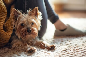 Wall Mural - Yorkshire Terrier lying on the floor next to owner.