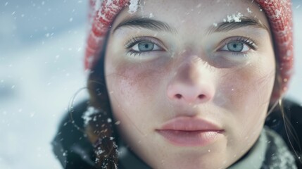 Wall Mural - The close up picture of the person looking at the camera with the white snow background in the middle of the snowy ice field, the skill require for ice field are fitness, ice safety knowledge. AIG43.
