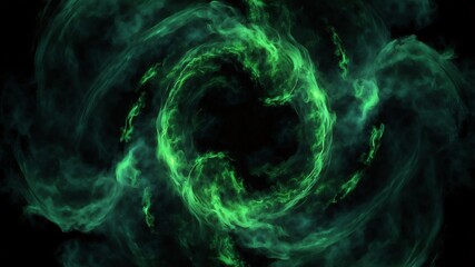 Wall Mural - circular vortex green flame on clouds in plain black background