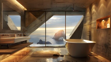 Wall Mural - Brutalist interior design. 3d render of modern bathroom with bathtub and panoramic window view. Raw materials.