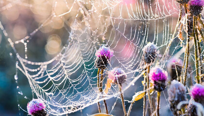 Bright shiny thick spiderweb with dew drops in colorful fairy forest with flufy hairy plants and flowers on blurred morning light and background.