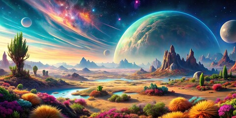 Wall Mural - Alien planet with colorful skies, strange landscapes, and unique flora and fauna, alien, planet, otherworldly, extraterrestrial
