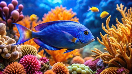 Wall Mural - Majestic blue fish swimming gracefully through vibrant coral reef, majestic, blue, fish, swimming, graceful