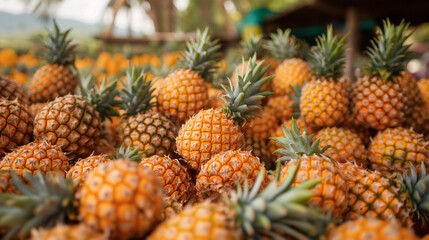 Close-up of fresh pineapples in a bountiful harvest, showcasing their vibrant yellow color and natural texture