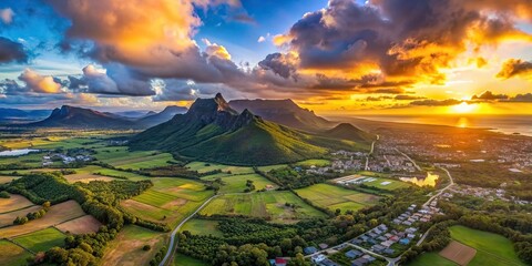 Wall Mural - Aerial panoramic of sunset over Le Pouce and Pieter Both mountains, sunset, aerial view, panoramic