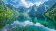 © thekob5123 - a crystal clear lake surrounded by lush greenery and towering mountains, reflecting the sky and landscape perfectly, creating a stunning and peaceful wallpaper, with plenty of copy space for text