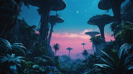 Wall Mural - blue theme metaverse alien jungle landscape