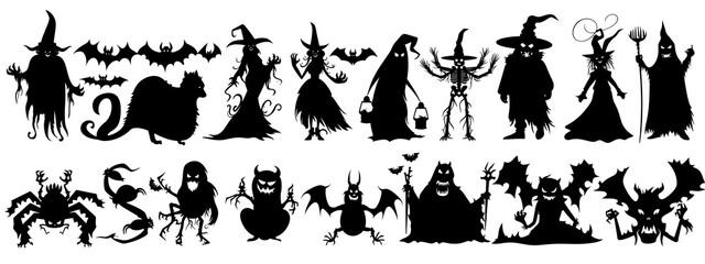 Wall Mural - A series of creepy Halloween characters are shown in black and white