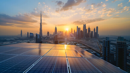 Solar Panels with Modern City Skyline at Sunrise