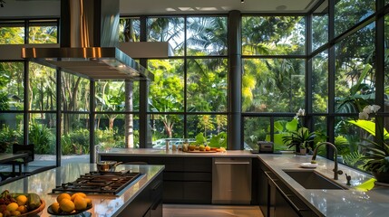 Wall Mural - Contemporary kitchen with aluminum glass windows that stretch from the countertop to the ceiling, offering a view of a lush backyard.