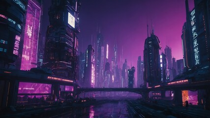 Wall Mural - purple theme metaverse cyberpunk tech city landscape