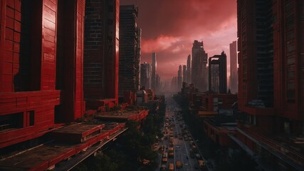 Wall Mural - red theme metaverse apocalypse city landscape