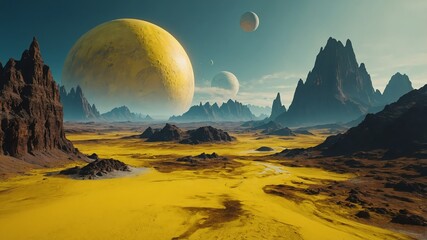 Wall Mural - yellow theme metaverse alien planet landscape