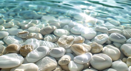 Wall Mural - Smooth White Pebbles Submerged in Clear Blue Water on a Sunny Day