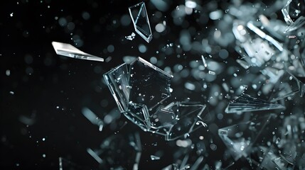 Wall Mural - Dynamic glass texture featuring shattered pieces with bits and shards exploding in the air. Black backdrop contrasting with the fragments of broken glass pieces. Blur