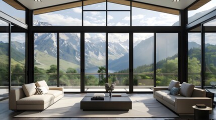 Wall Mural - Elegant living room with wall-to-wall aluminum glass windows in a black matte finish, showcasing a stunning mountain view.