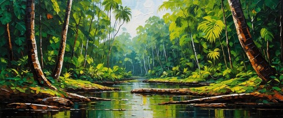 Wall Mural - landscape in amazon forest oil pallet knife paint painting on canvas with large brush strokes