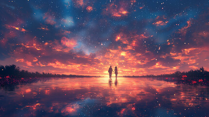 Wall Mural - A beautiful lake with sparkling water, the sky is full of stars and fireflies. There are two people walking on it, surrounded by trees, with flowers blooming all over the ground,
