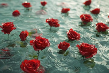 Wall Mural - sea water with plenty of thick red roses at bank and in water