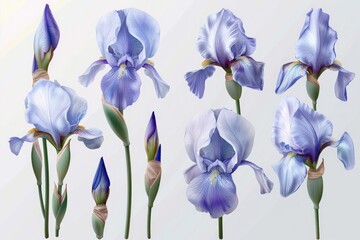Wall Mural - Set of blossoming iris flowers close-up, isolated on a transparent background