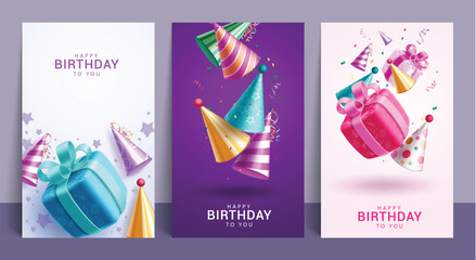 Wall Mural - Happy birthday greeting vector set poster design. Birthday invitation card with colorful party hat and gift box elements for party decoration. Vector illustration greeting collection design.
