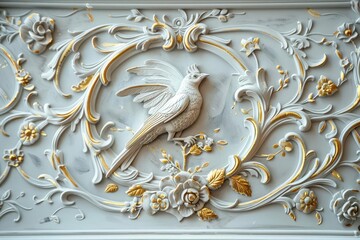 Wall Mural - ornate stucco molding of exotic birds on plastered wall intricate 3d designs with gold leaf accents blending rococo extravagance with modern sophistication