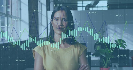 Wall Mural - Image of statistical data processing against portrait of biracial woman smiling at office