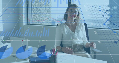 Poster - Image of statistical data processing against portrait of caucasian woman smiling at office