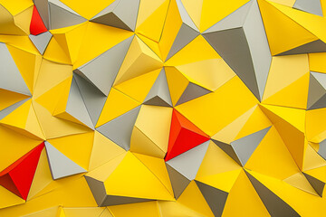 Wall Mural - Geometric forms in yellow, gray, and red arranged in a tessellating pattern across a solid yellow surface, emphasizing symmetry and precision in modern abstract art.