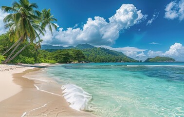 Wall Mural - Tropical Beach Scene With Palm Trees and Crystal Clear Water on a Sunny Day