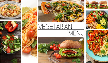 Wall Mural - Vegetarian menu, banner design. Collage with different tasty dishes