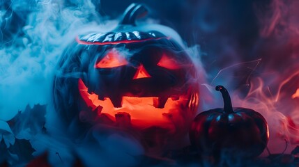 Wall Mural - Halloween concept - pumpkin with a scary luminous face in smoke and neon light background, dark, Copy