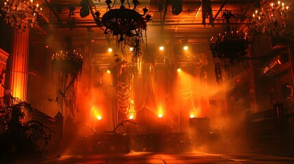 Wall Mural - Halloween party stage decorated with spooky props, fog effects, and orange lighting in a themed event space