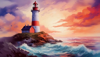 Wall Mural - A classic lighthouse overlooking a tranquil sea, with the sky painted in deep purples and re