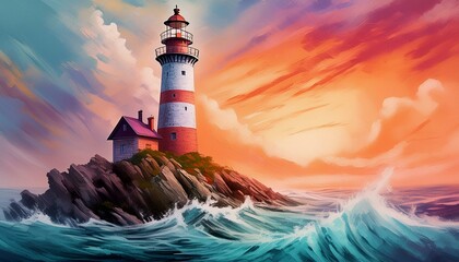Wall Mural - A classic lighthouse overlooking a tranquil sea, with the sky painted in deep purples and re