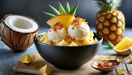 Wall Mural -  A modern black bowl of coconut ice cream, topped with toasted coconut flakes and a pineapple