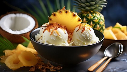 Wall Mural -  A modern black bowl of coconut ice cream, topped with toasted coconut flakes and a pineapple