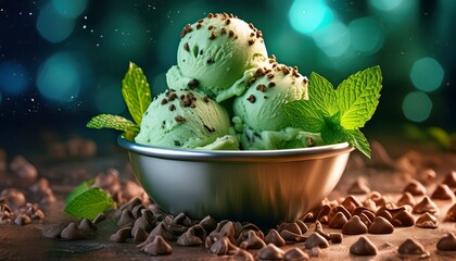Wall Mural - A stylish metal bowl of mint chocolate chip ice cream, sprinkled with chocolate chips and a