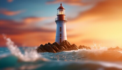 Wall Mural - A tall lighthouse with its beacon lit, framed by the rich colors of a sunset sky, and waves