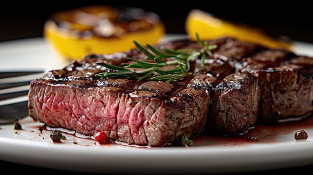 A perfectly cooked, juicy grilled steak garnished with fresh rosemary on a white plate, with grilled yellow peppers in the background.