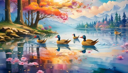 Wall Mural - The ducks gracefully glide across the water, leaving a trail of shimmering ripples. The back 