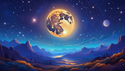 Wall Mural - The moon was shining brightly in the sky, and the stars were sparkling around it.